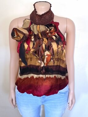 ☆Bebe Multicolor Ruffled Halter Camisole in Brown, Red & Gold☆